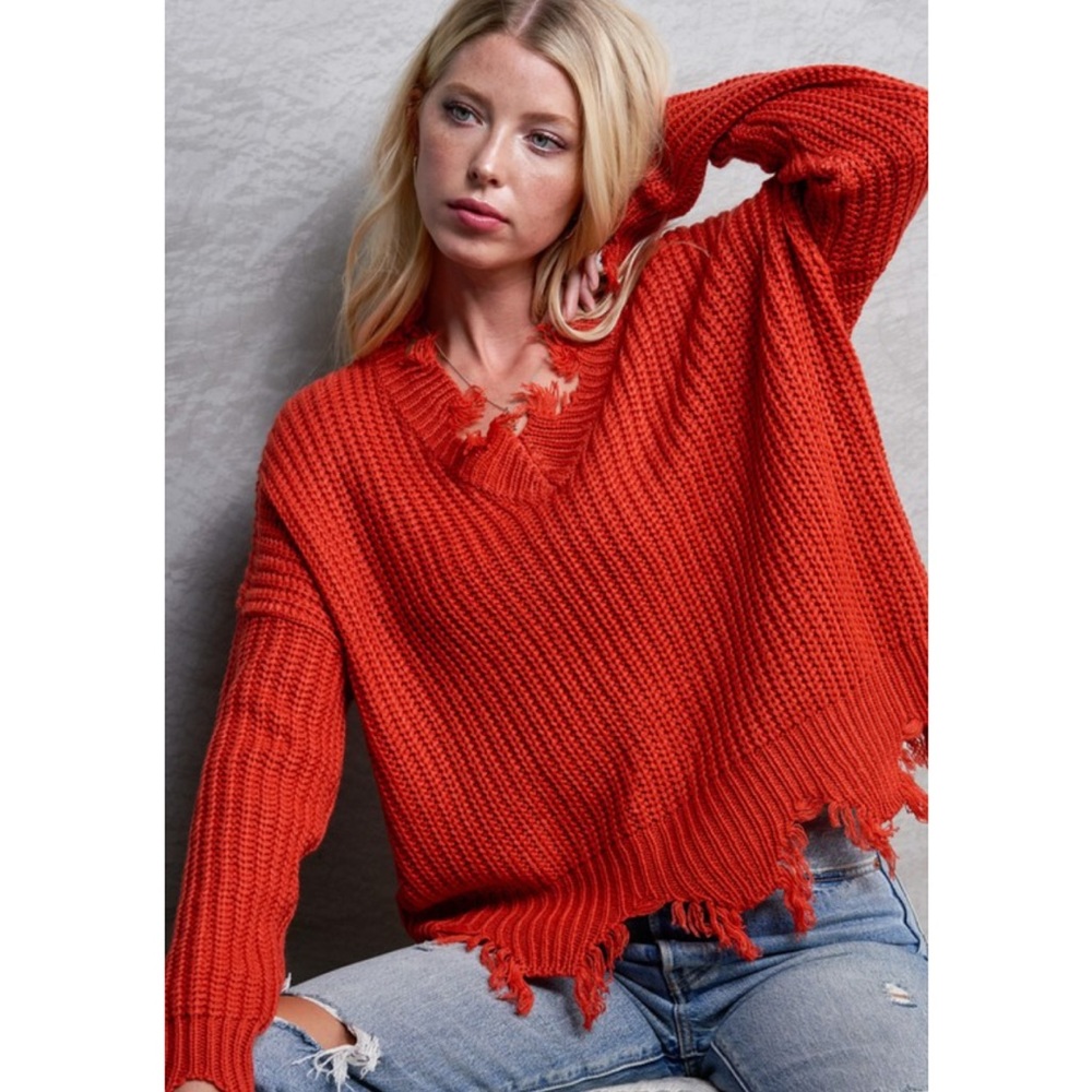 Pumpkin Spice-Distressed Chunky Knit Sweater
